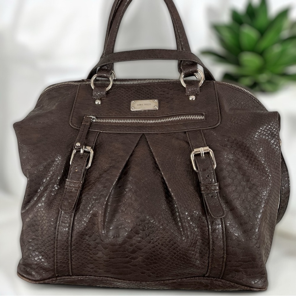Nine West Brown & Silver Accent Oversized Textured Vegan Leather Bag Satchel